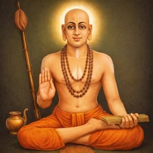 Śrī Madhvācārya seated with a halo behind his head, right hand raised in blessing, left hand holding a palm-leaf manuscript, his staff and water pot beside him